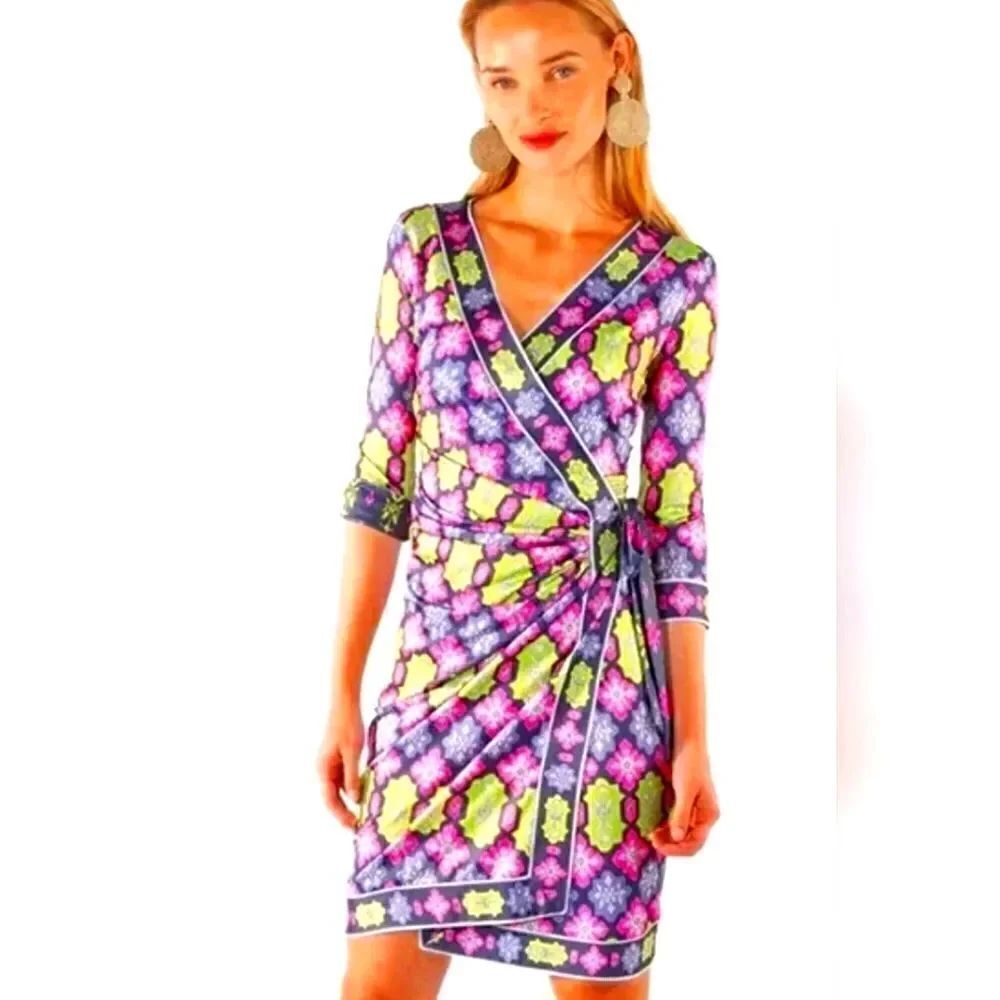 Gretchen Scott Haveli 3/4 Sleeve Pink Charcoal Printed Wrap Dress Sz S NWT